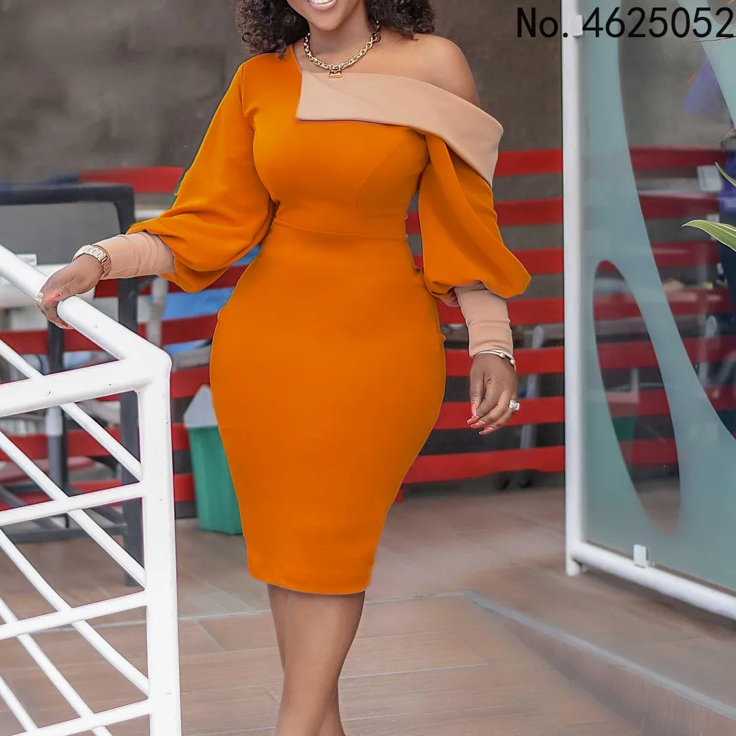 

Женское платье-карандаш на одно плечо, с длинным рукавом-фонариком