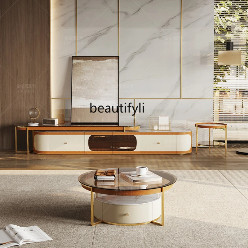 

LBX Italian-Style Light Luxury Modern Retractable TV Cabinet Tawney Tempered Glass Living Room Home Creative Floor Cabinet