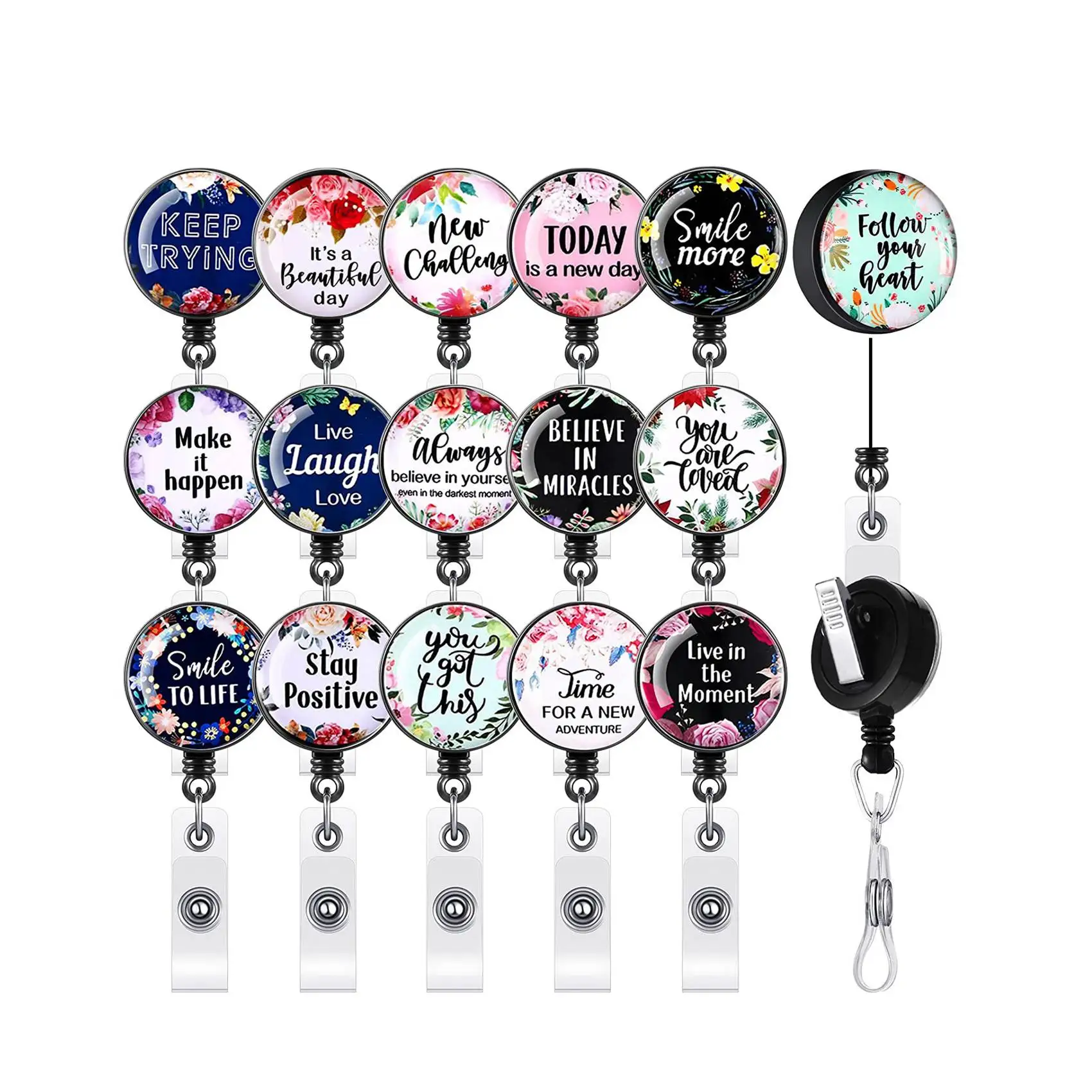 

16 Pieces Badge Reel with Motivation Quotes Retractable ID Badge Holder with Alligator Clip for Office Hospital Daily