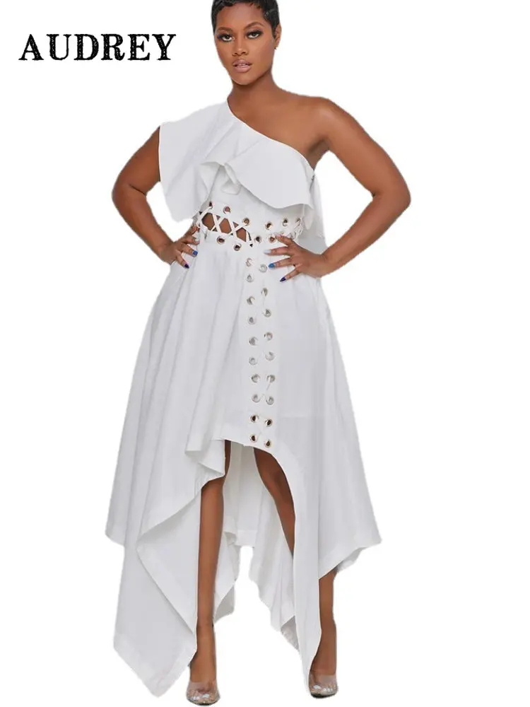 Plus Size One Shoulder Ruffle Sleeve A-line Maxi Dress Women Cutout Bandage Backless Irregular Evening Party Dress Prom Vestidos