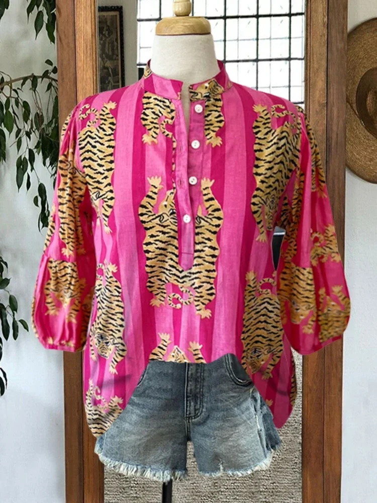 Золотой тигр смешанная полосатая блузка с принтом красивые блузки животным