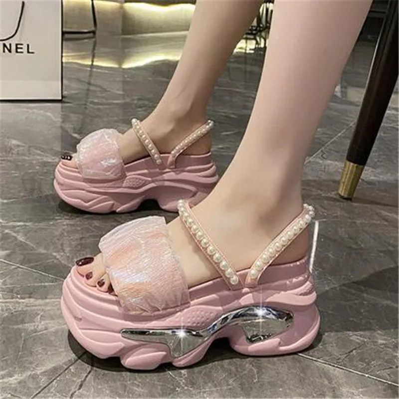 Women's Pearl Strap Chunky Sandals Summer 2023 Thick Bottom Wedge Slippers Woman Fashion Pink Lace Platform Sandals Mujer