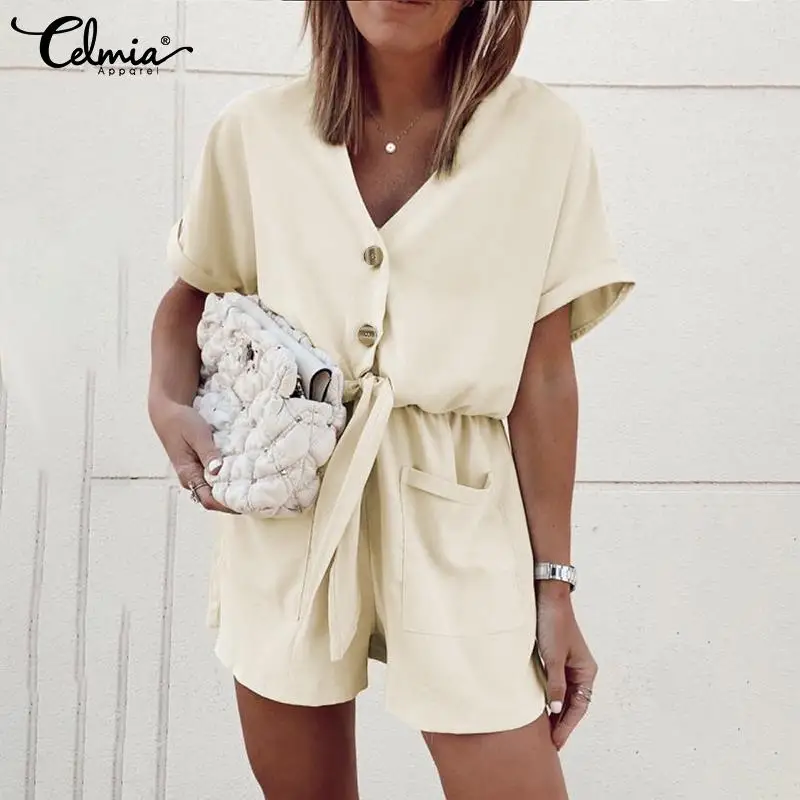

2022 Women Short Sleeve Playsuits Celmia Fashion V Neck Solid Short Romper Dungarees With Pockets Summer Leisure Waisted Overall