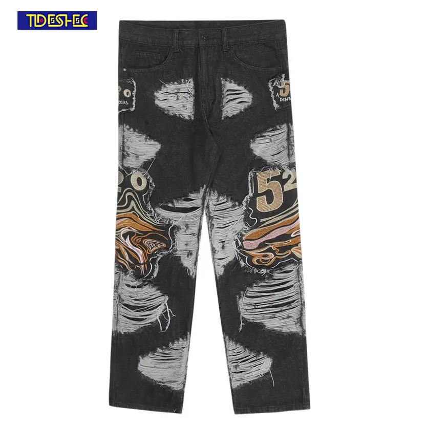 

Новые мешковатые джинсовые брюки в стиле хип-хоп, винтажные уличные джинсы в стиле Харадзюку, рваные мужские модные свободные прямые повседневные джинсы с вышивкой и надписью