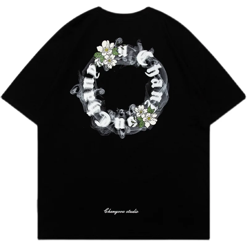 

American hip hop flower smoke letter printed short sleeve t-shirt men's and women's fashion brand loose and versatile
