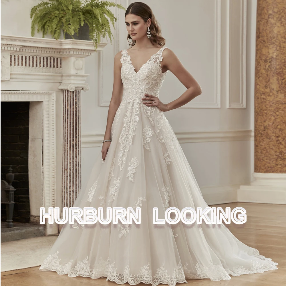 

HERBURN A-Line Wedding Dress Bridal V-Neck Lace Sweep Train Appliques New Arrival Pleated Tulle Customize New Arrival Occasion