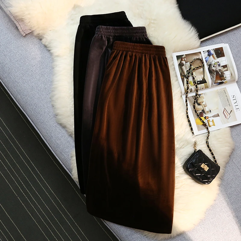 

Black Grey Velvet Split Long Elegant High-Waisted Women'S Spring Autumn Winter Skirts Korean Style Fashion 2022 Harajuku Clothes