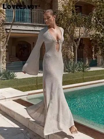 Sexy Hollow Long Flare Sleeve Cover Ups Women V-neck Side Split Maxi Dresses Summer Female Boho Beach Casual Solid Vestidos