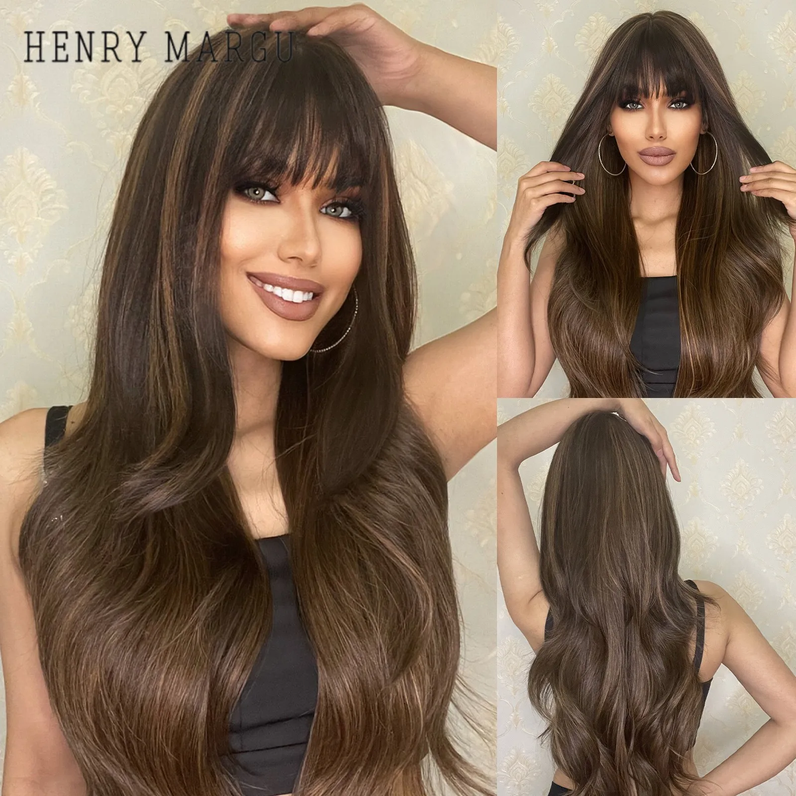 

Chestnut Brown Ombre Synthetic Wigs Long Natural Wave Wigs for Black Women With Bangs Daily Cosplay Heat Resistant Hair Wigs