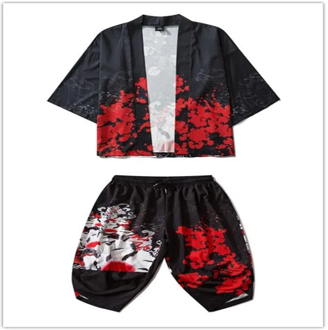 3XL Print Crane Men Kimono 2PCS Robe Sets Chinese Casual Loose Pajamas Spring Autumn 3/4 Sleeve Cardigan Suit