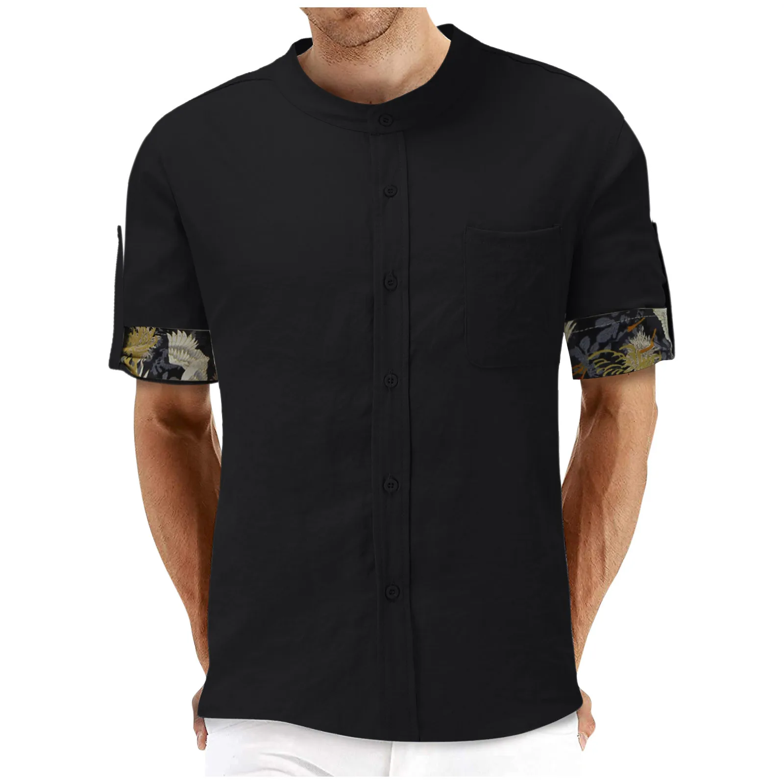 

Рубашка мужская с воротником-стойкой, модная сорочка с принтом, однотонная Повседневная Туника с рукавом три четверти, в европейском и амер...