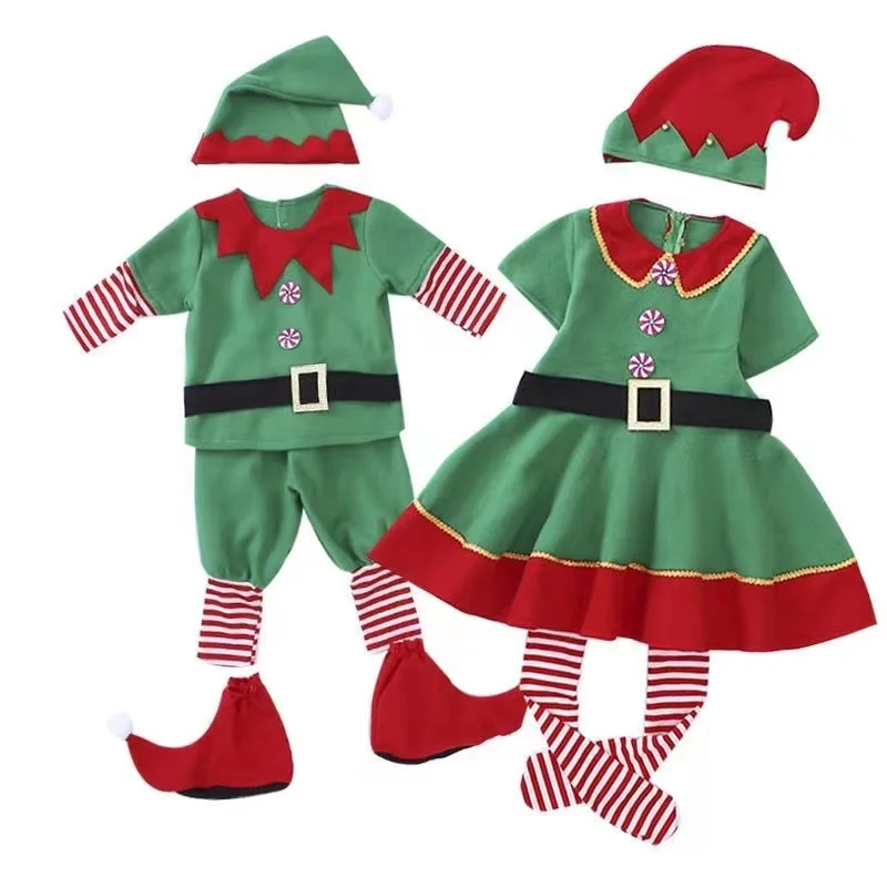 Christmas Adult Kids Santa Claus Cosplay Costume Men Women Girls Boy Green Elf Family Matching Outfits Carnival Party Family Set