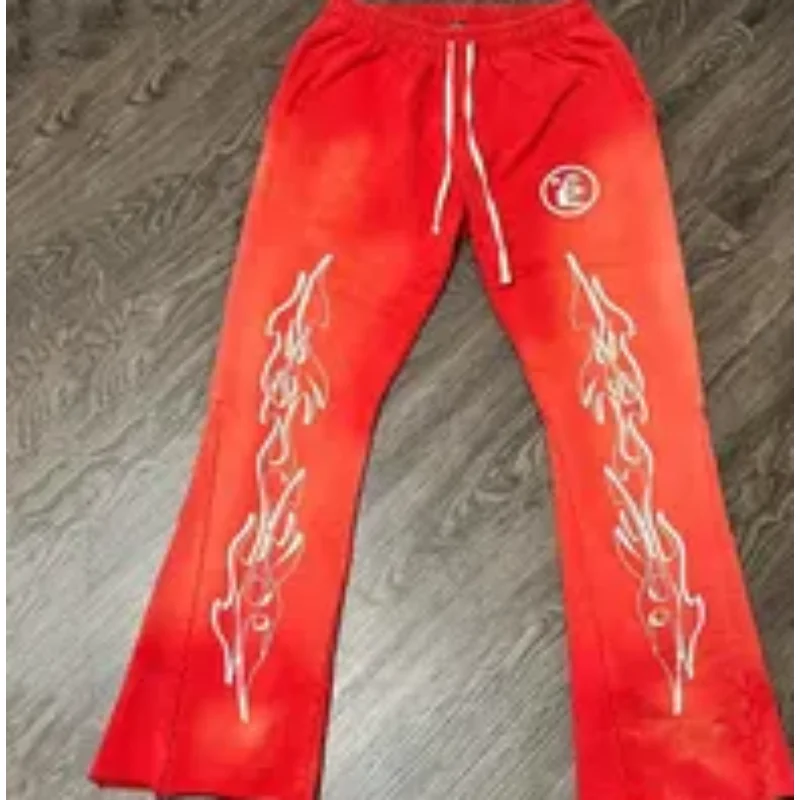 

2023 Hellstar Studios Red Flare Pants Extra Large Vintage Wash Print Drawstring Cotton Men Women1:1 Casual Pants