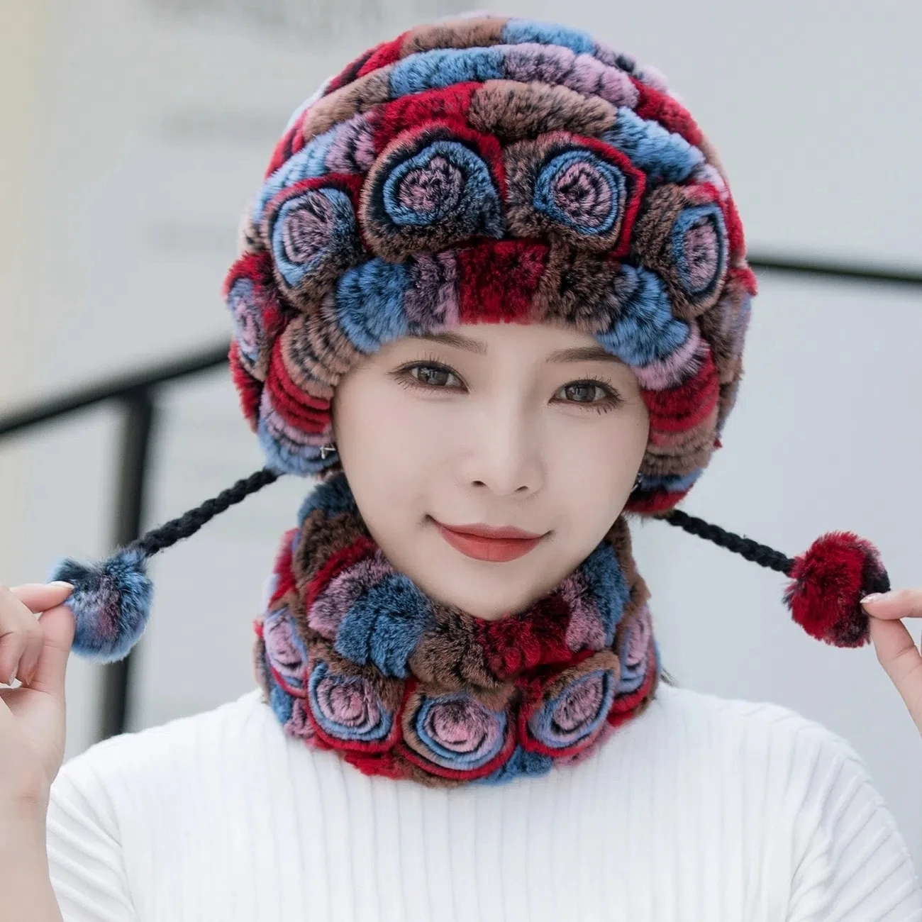 2023 Winter Warm Women Knitted Rabbit Fur Hat Female Winter Faux Rabbit Fur Cap Russian Style Knitted Wool Hat