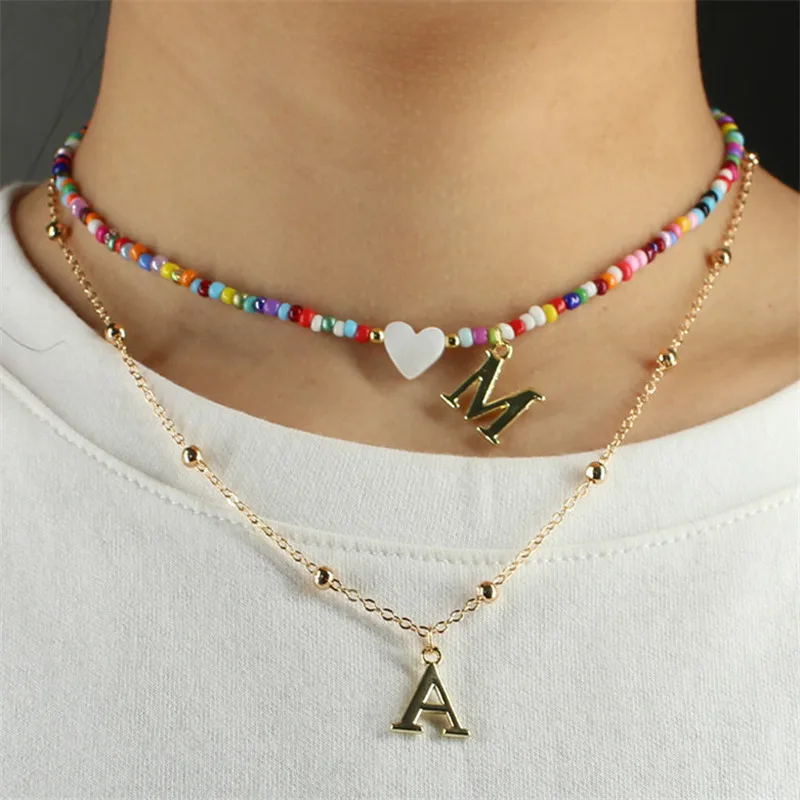 

Boho Handmade Diy Colorful Beaded Choker Women Stainless Steel Letter Pendant Necklace Shell Heart Beach Jewelry Accessories