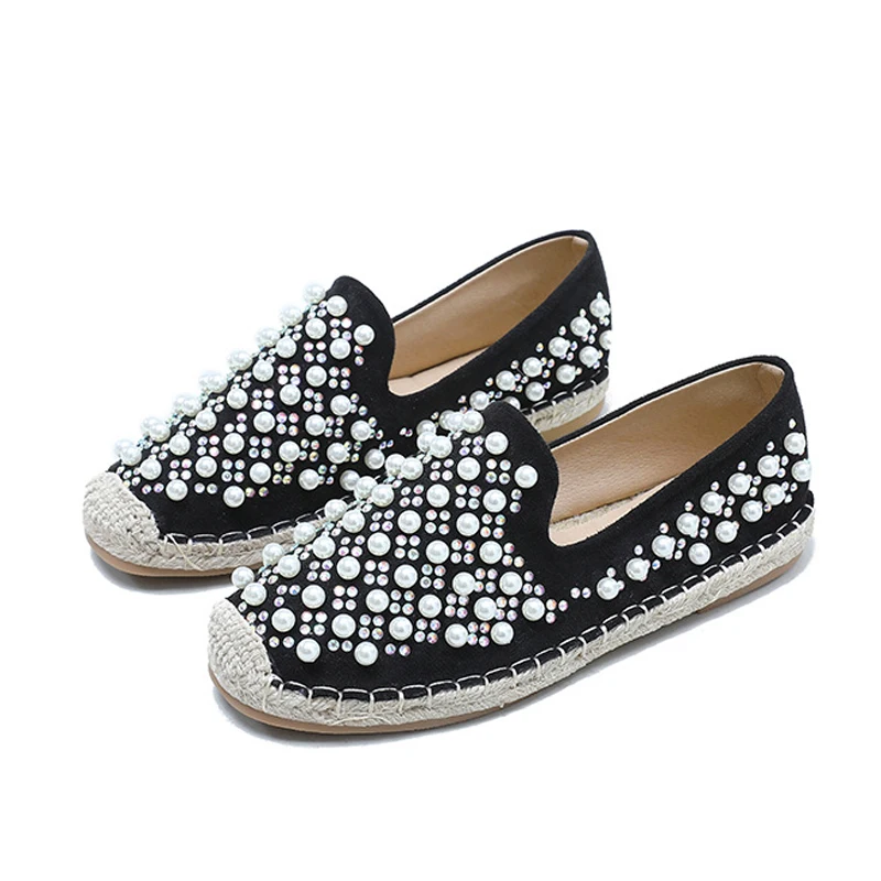 Women Oxford Straw Fisherman Shoes Ladies Flats Loafers Feminino Pearl Beaded Diamonds Espadrilles