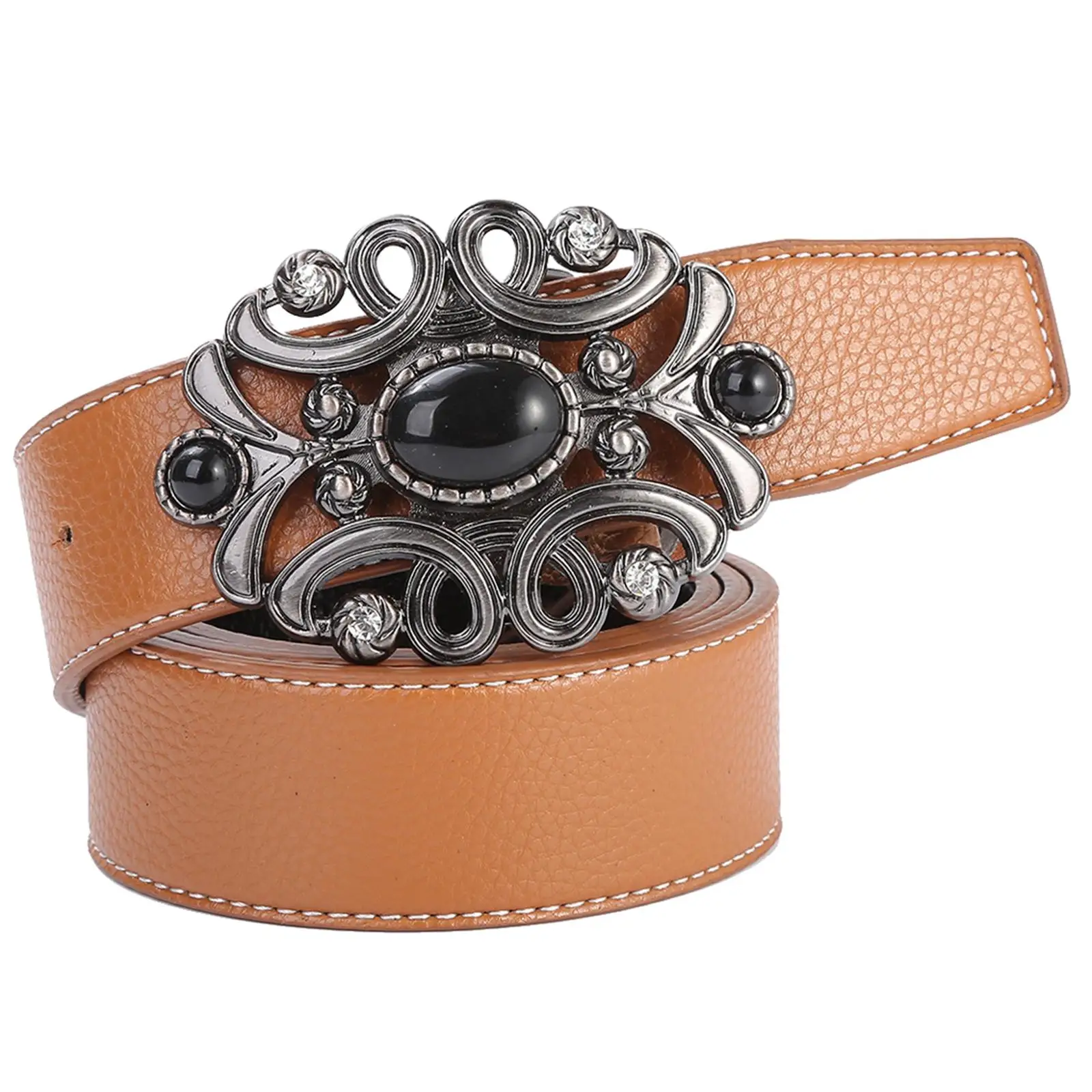 120cm Western Belt Floral Engraved Buckle Adjustable PU Leather Belt Cowgirl