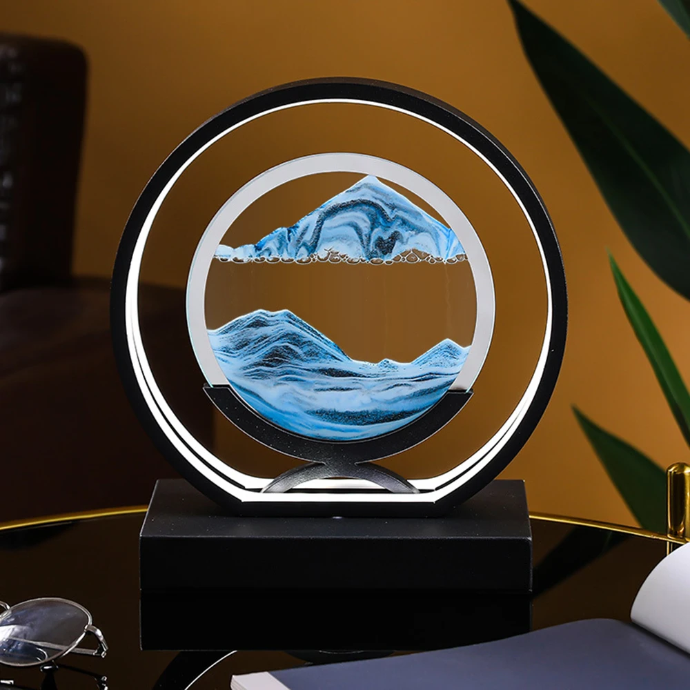 Quicksand Art LED Bedside Table Lamp Night Light,Moving Sand Art Picture Sandscapes in Motion Round Glass Hourglass Table Lamp