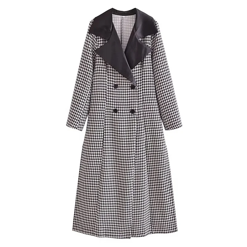 

2023 New Women Thousand Bird Checker Long Polo Collar Long Sleeve Coat Autumn&Winter High Street Versatile Tops
