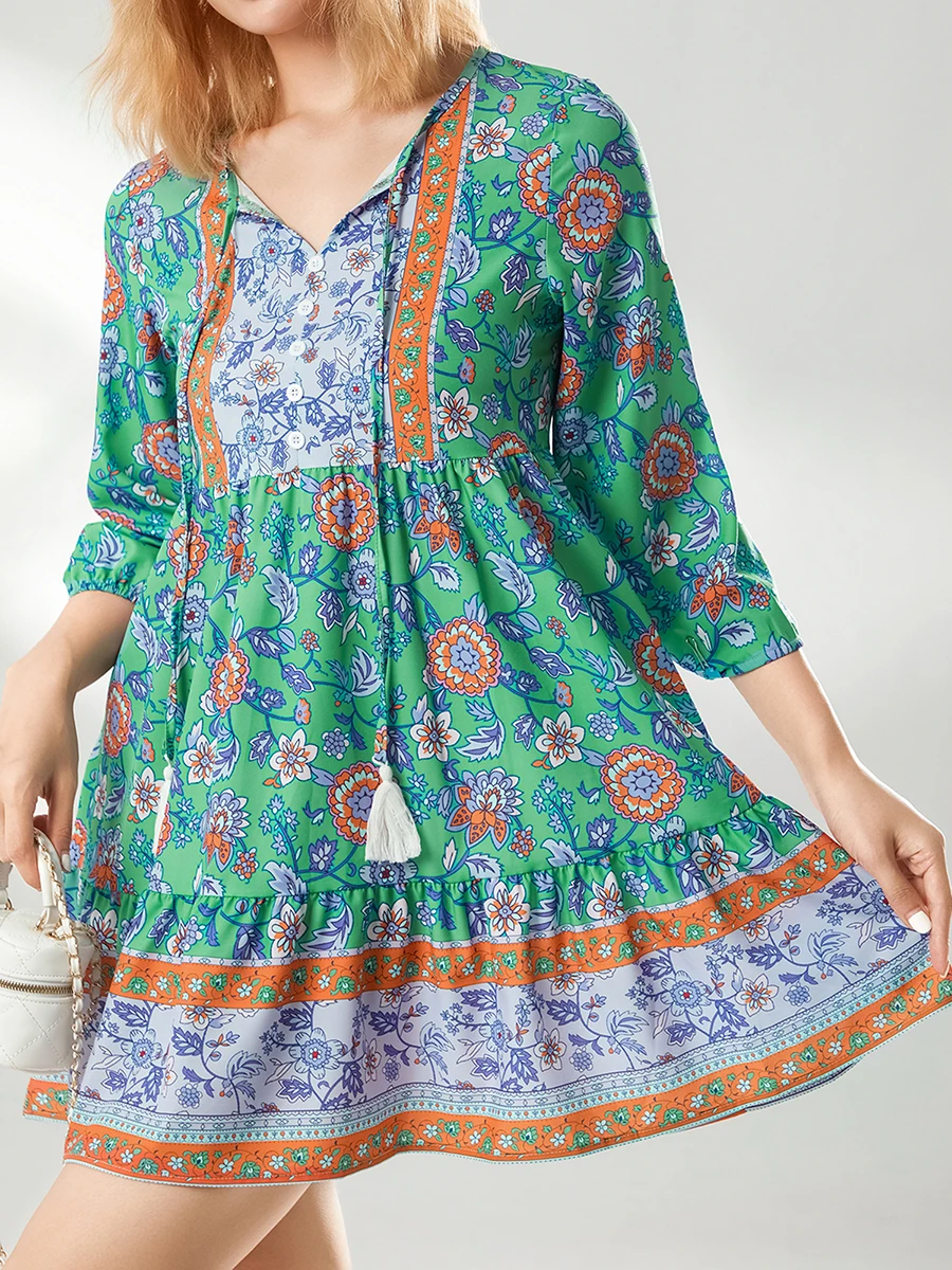 

Women Summer Casual Mini Dress Floral Print 3/4 Lantern Sleeve V-Neck Button Placket Dress Beach Party Boho Dress