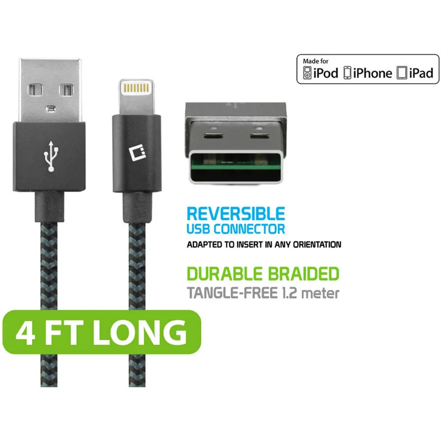 4ft. Heavy Duty Braided  MFI Certified Lightning to Reversible USB Charging/Data Sync Cable - Black