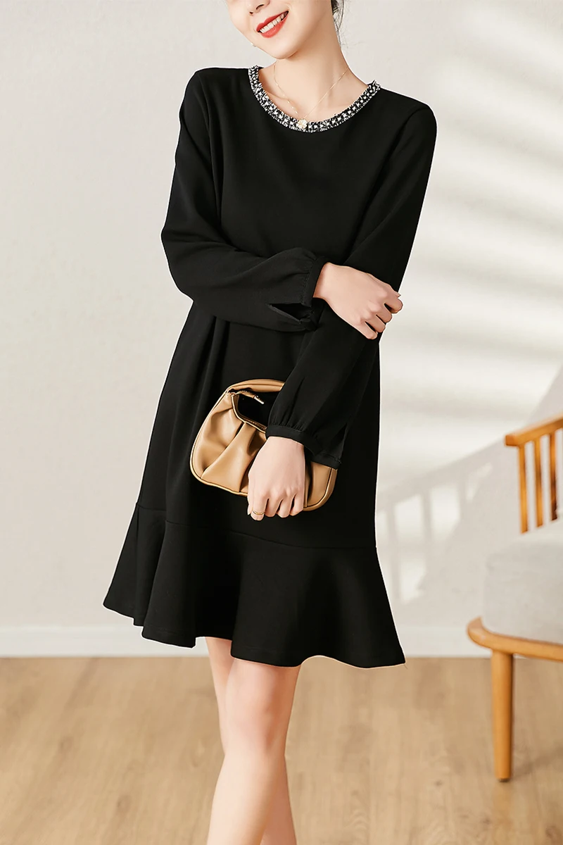 

Black Formal Dress Women High Quality Women's Clothing Trumpet / Mermaid Appliques Knee-Length Long Sleeve Dresses