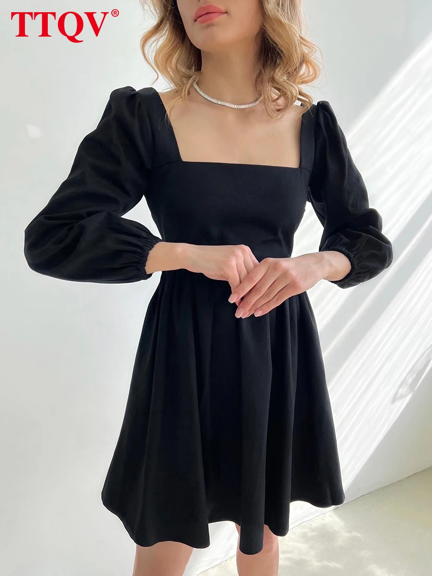 

TTQV Sexy Square Collar Black Mini Dress Autumn Long Sleeve Ruched Bodycon Dress Elegant Classic Party Dresses For Women 2022