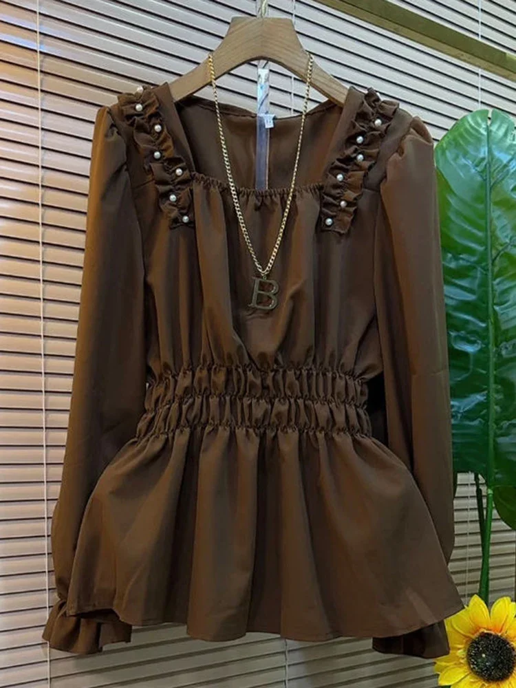 Блузка женская однотонная с квадратным вырезом и рукавами-фонариками