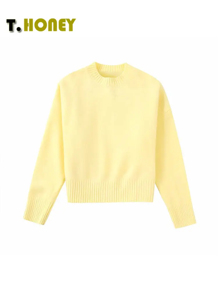 

TELLHONEY женский модный однотонный супермягкий желтый вязаный пуловер с круглым вырезом, женский зимний плотный теплый свободный свитер с длинными рукавами