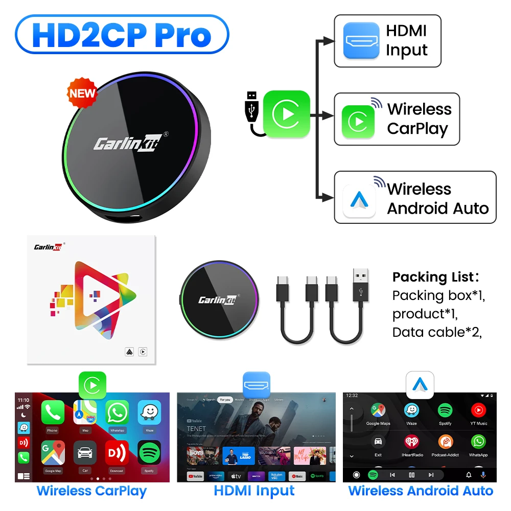 

Беспроводной HDMI-адаптер Carlinkit HD2CP Pro 3-в-1 Smart Car Box Для Android Auto И CarPlay — Устройство HD TV Stick С Порта...