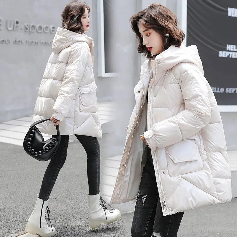 2022 New Winter Jacket Parkas Coat Women Clothes Long Coat Fashion Loose Casual Hooded Cotton Padded Parka zipper pocket top