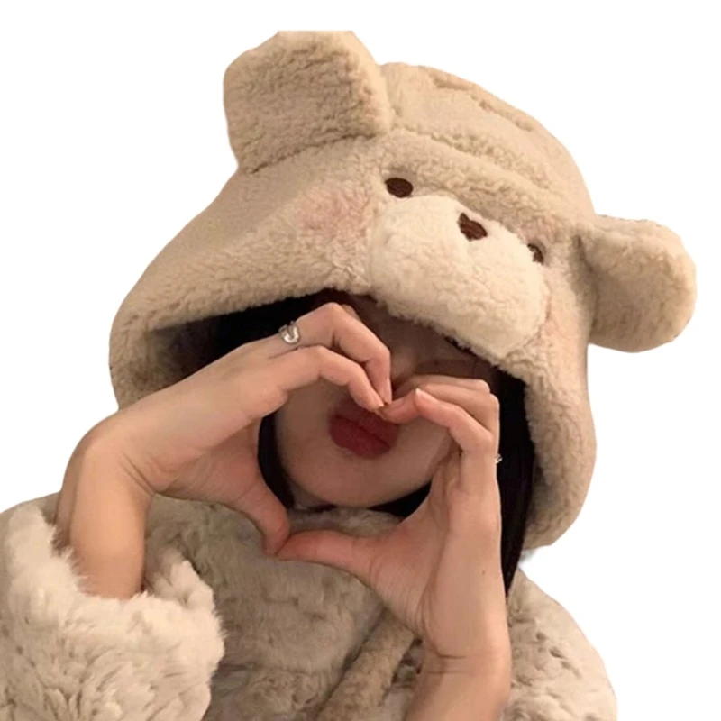 

Лыжная Шапка-ушанка Bear, шапка-ушанка с медведем, плюшевая шапка-ушанка, зимняя теплая шапка-ушанка с медведем, шапка-ушанка с капюшоном, флис...