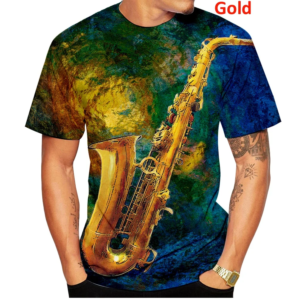 

Брендовая летняя футболка BIANYILONG, Модный повседневный Удобный спортивный топ с короткими рукавами и 3D-принтом в стиле рок-музыки, саксофона