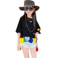 fashion girls new design tshirts with colorful heart loose top clothes for kids girls korean hot sale short sleeve tees 4 14year