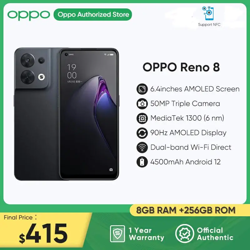 

Brand New OPPO Reno 8 Reno8 5G Smartphone 8GB RAM 256GB ROM 6.4'' 90Hz AMOLED Display Octa-core 50MP Triple Camera 80W SuperVOOC