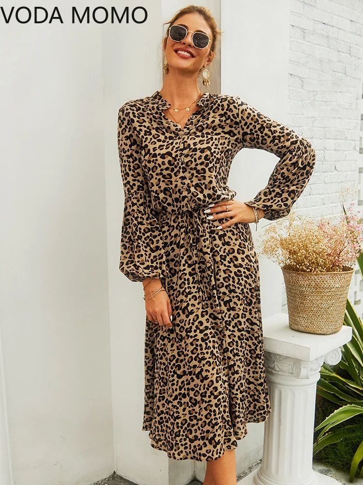 

Elegant Bodycon Sexy Women's Dress for Women 2022 Summer Leopard Chiffon Long Sleeve Boho Dresses Woman Robe Femme Ladies