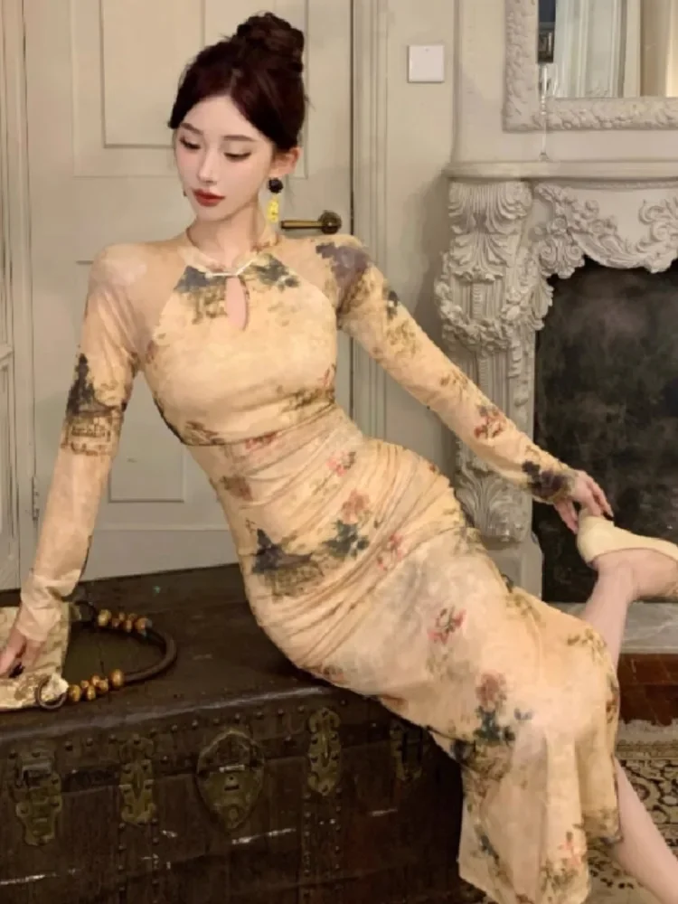 Ezgaga платья женские модные сексуальные сетчатые с цветочным принтом и разрезом