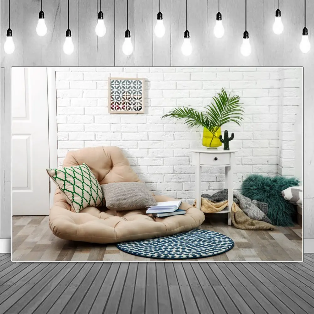 

Кирпичная деревянная гостиная домашняя студия Декор вечерние Фото фоны белый диван растения книги день рождения фотографии фоны