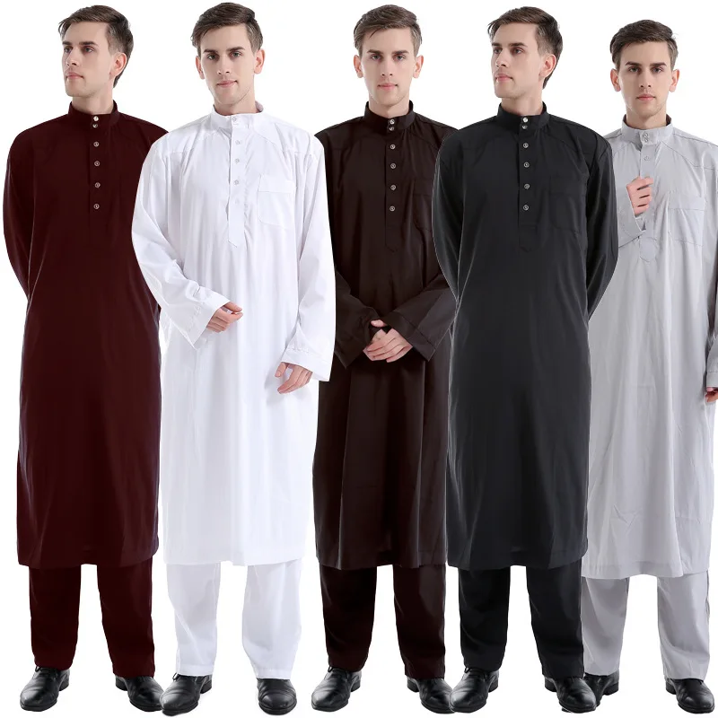 Men's New Arab Muslim Middle East Solid Color Robe Pants Two-Piece Set