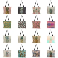 summer pineapple print tote bags designer linen reusable shopping bag customize oil painting shoulder bags for shopper bolsos