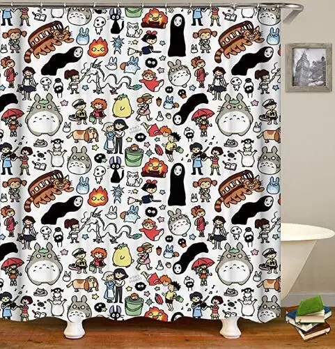 

Totoro-cortinas de ducha sin cara para hombre, visillo de ducha con ganchos, impermeables, dibujos animados, para baño, niños