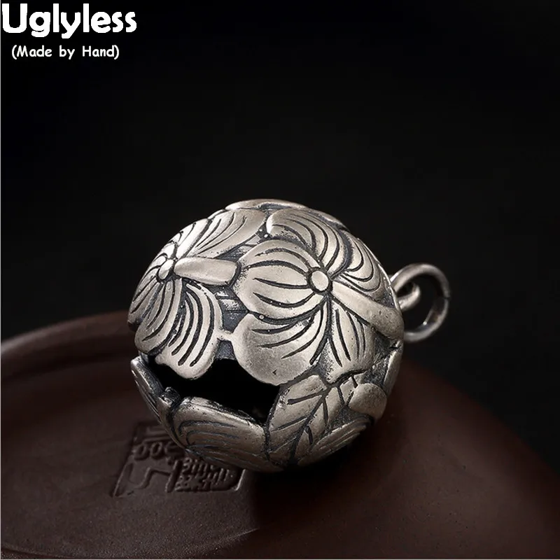

Uglyless Real 99% Silver Flowers Bell Pendants for Women Thai Silver Ball Necklaces NO Chains Ethnic Lotus Fine Jewelry Vintage