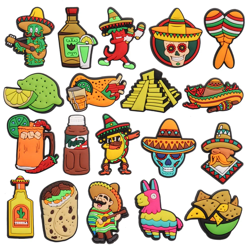 

1-19pcs Cute Cartton Mexico Food Setly Taco Pepper Shoe Charms for Sandals Drink PVC jibz Women Men Shoe Decoration Party Gifts