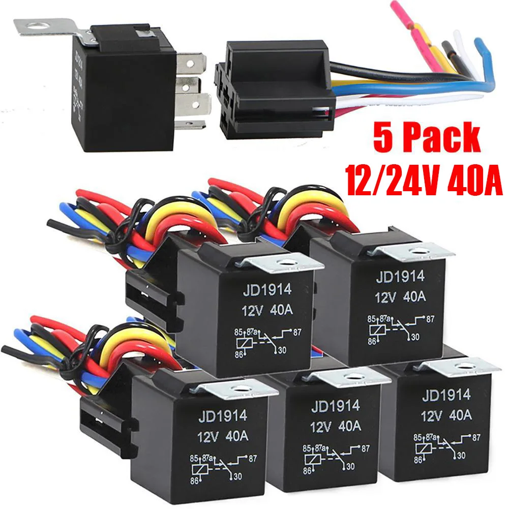 

5-Pin SPDT Car Relay 40 A Waterproof Black Red Copper Terminal 12 V/24 V Harness Heavy Duty JD1914 Car Relay Replacement Kit