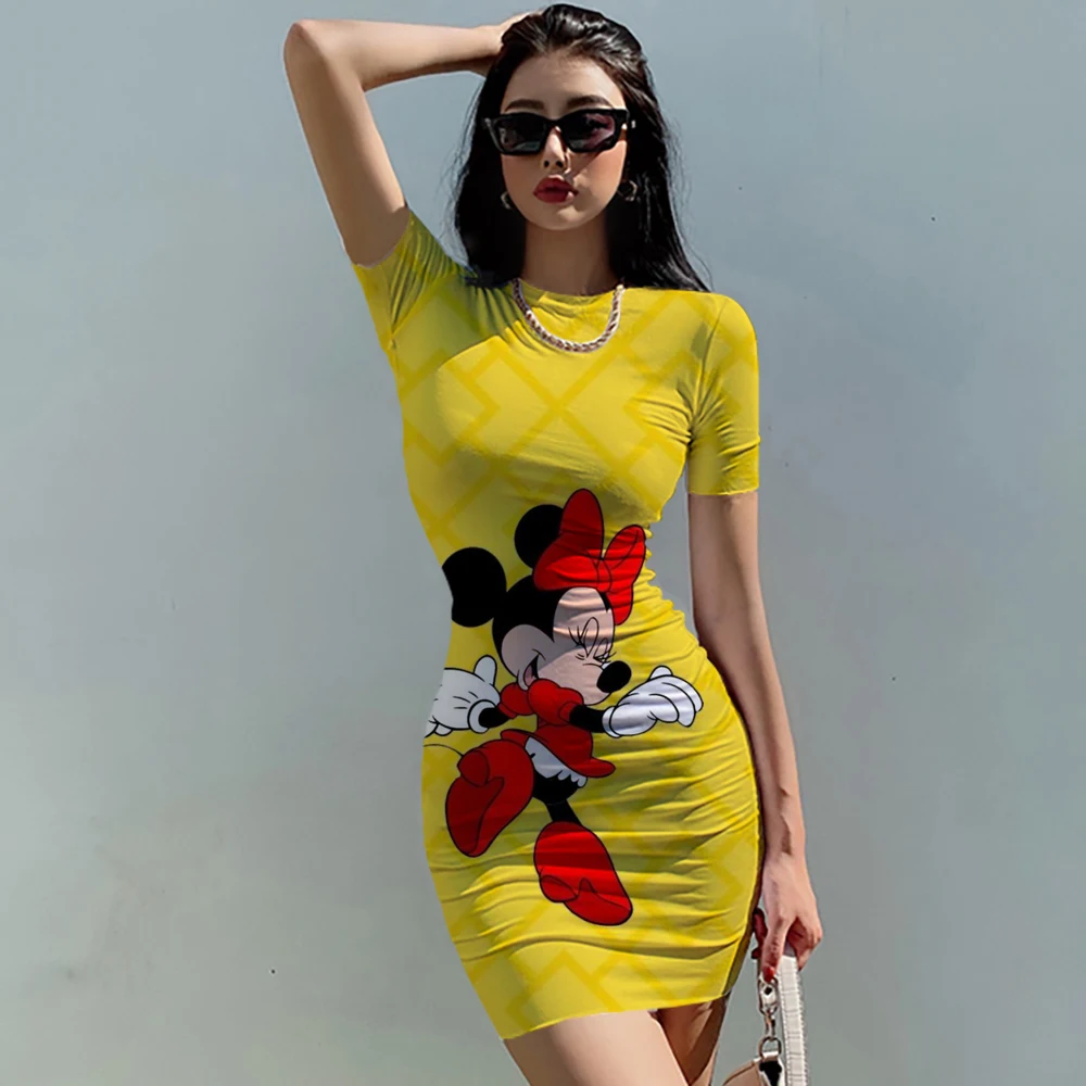 2022 summer women's new Korean temperament Disney Minnie Mickey Mouse short-sleeved waist tight sexy bag hip Mini dress images - 6