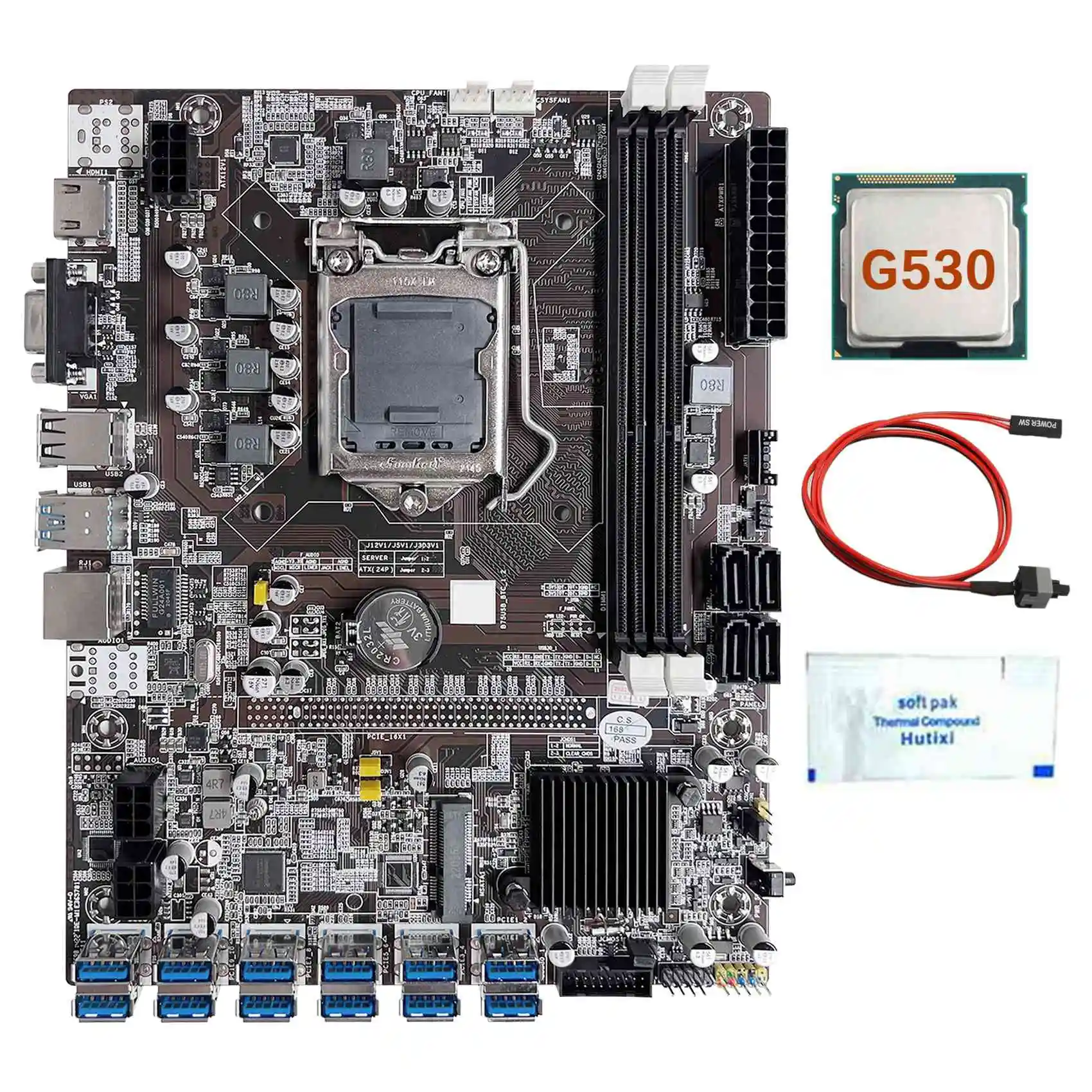 B75 12 Card GPU BTC Mining Motherboard+G530 CPU+Thermal Grease+Switch Cable 12XUSB3.0(PCIE) Slot LGA1155 DDR3 RAM MSATA