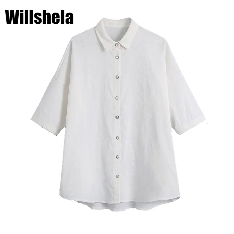 

Willshela Women Fashion Solid Single Breasted Blouse Vintage Short Sleeve Lapel Neck Female Shirts Chic Tops