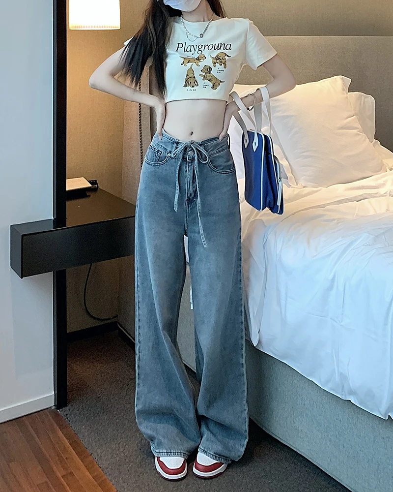 High Waist Jeans Women's Blue Spring/Summer Drawstring Lace Up Design Straight Tube Relaxed Slim Wide Leg Floor Dragging Pants