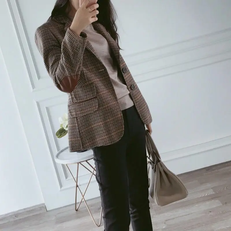2022 New Slim Fit Women Retro Plaid Blazer Korean Style Elegant Womens Woolen Suit Jacket Single-breasted Blazer Femenino Street