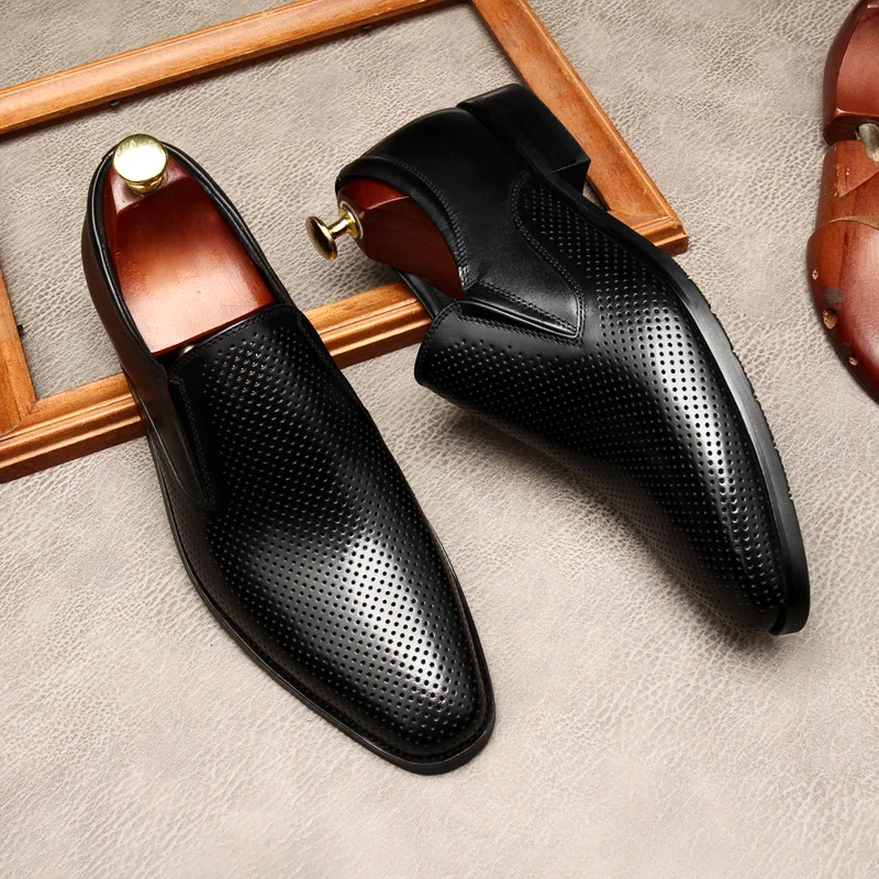 

Italian Mens Business Loafers Luxury Genuine Leather 2023 Fashion Hollow Style Breathable Slip on Summer Black Dress Shoes Man